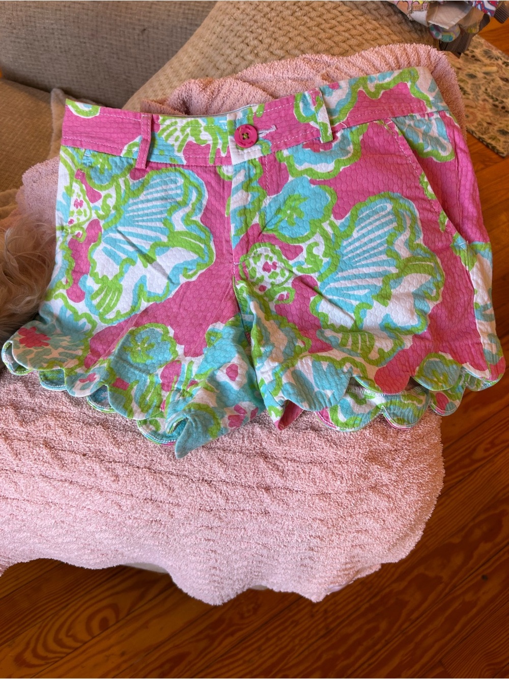 Lilly Pulitzer Pink Aqua Green Scallop-Hem High Waist Shorts